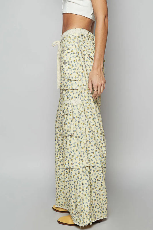 Wide-Leg Floral Cargo Pants with Lace Waist Tie