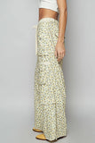 Wide-Leg Floral Cargo Pants with Lace Waist Tie