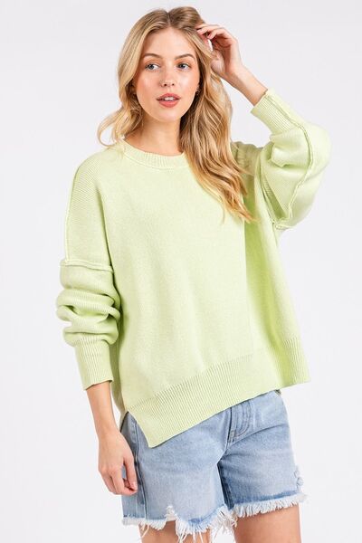 Mittoshop Side Slit Round Neck Drop Shoulder Sweater
