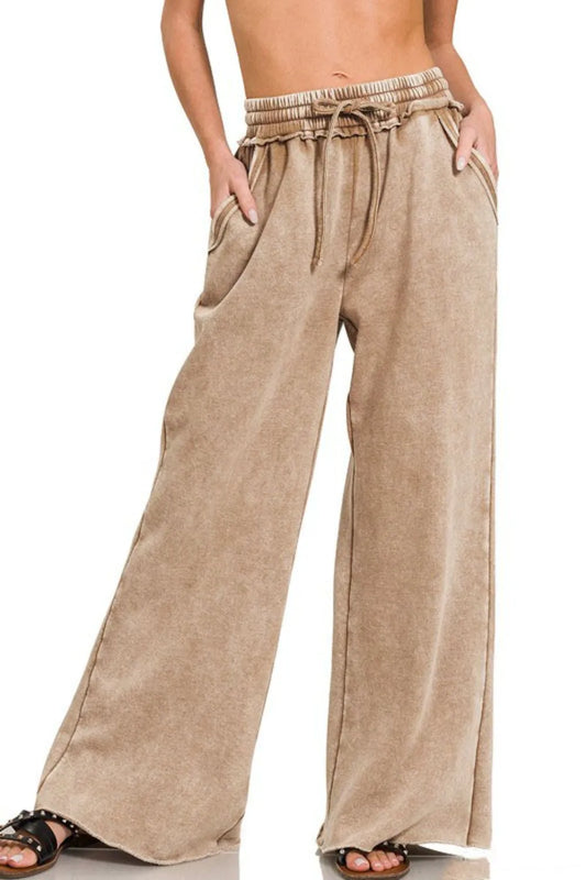Acid Wash Fleece Palazzo Sweatpants with Pockets