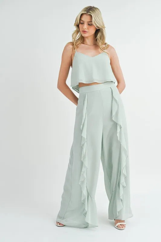Crop Cami and Ruffled Wide Leg Pants Set