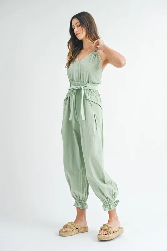 Washed Fabric Spaghetti Strap Waist Belted Jumpsuit
