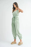 Washed Fabric Spaghetti Strap Waist Belted Jumpsuit