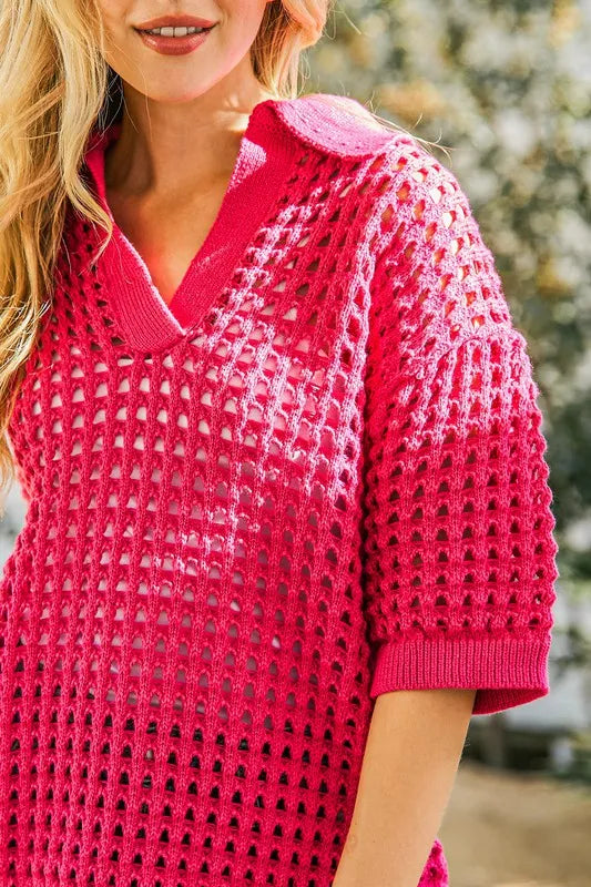 Hollow Out Polo Sweater Top
