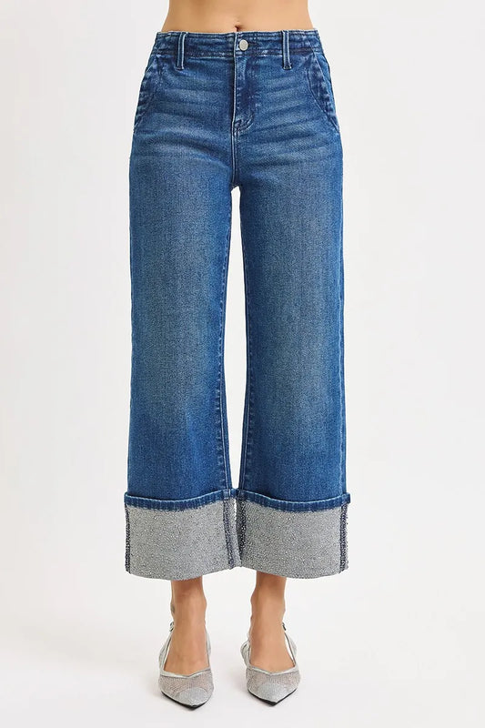 High-Rise Ankle Rhinestone-Trimmed Wide Jeans