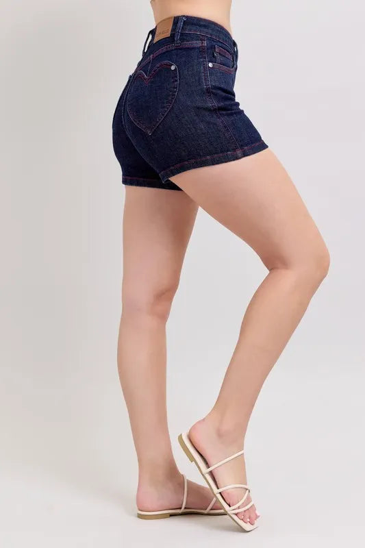 High Waist Heart Shaped Pkts & Red Contrast Thread Denim Shorts