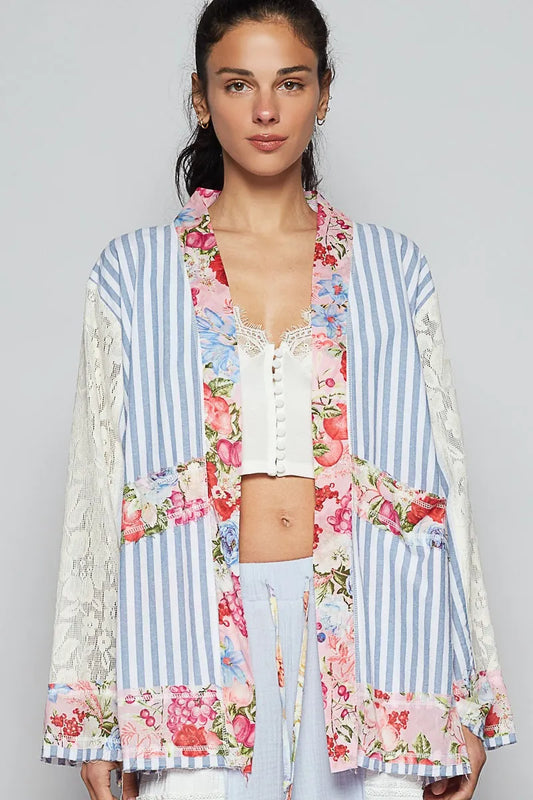 Floral Patchwork Lace Sleeve Striped Cardigan