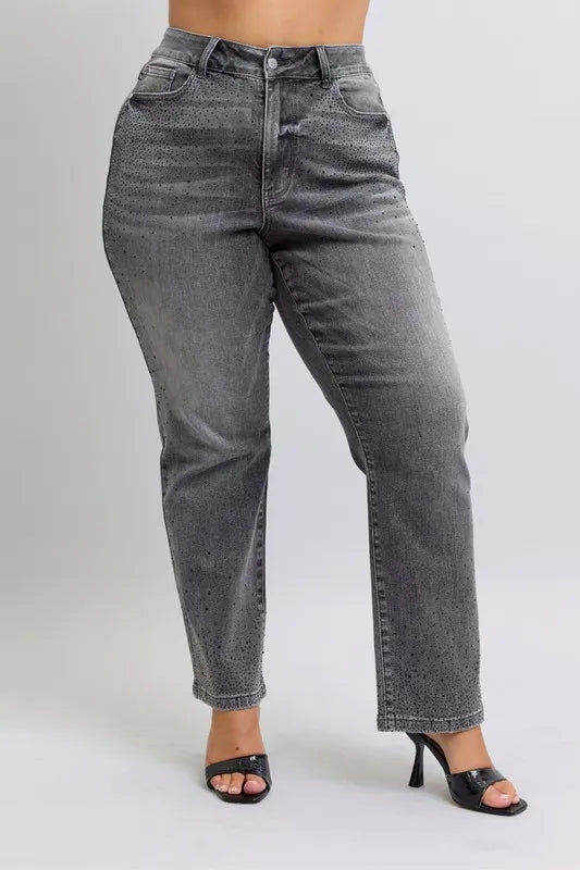 Full Size High Waist Rhinestone Straight Jeans Plus Size