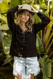 Button-Accent V-Neck Sweater with Distressed Design
