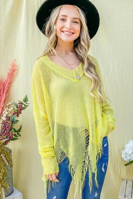 Distressed Mesh V Neck Spring Sweater Cover Up