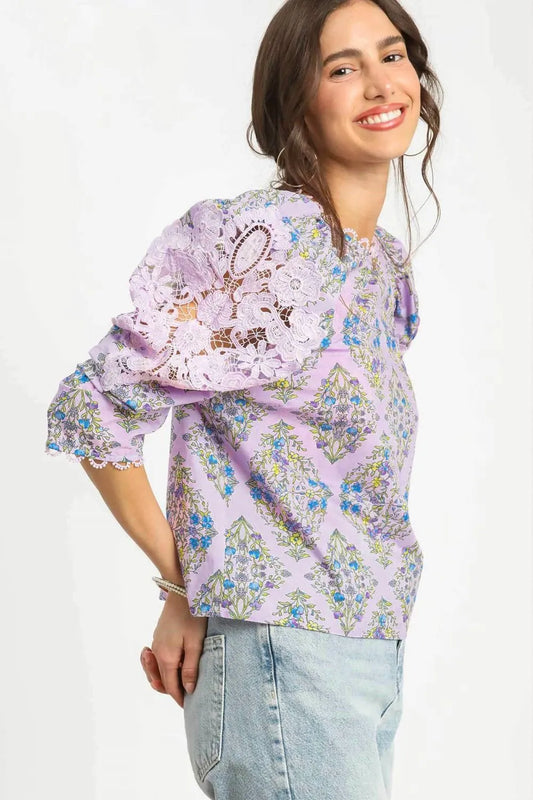 Printed Lace Puff Sleeve Blouse