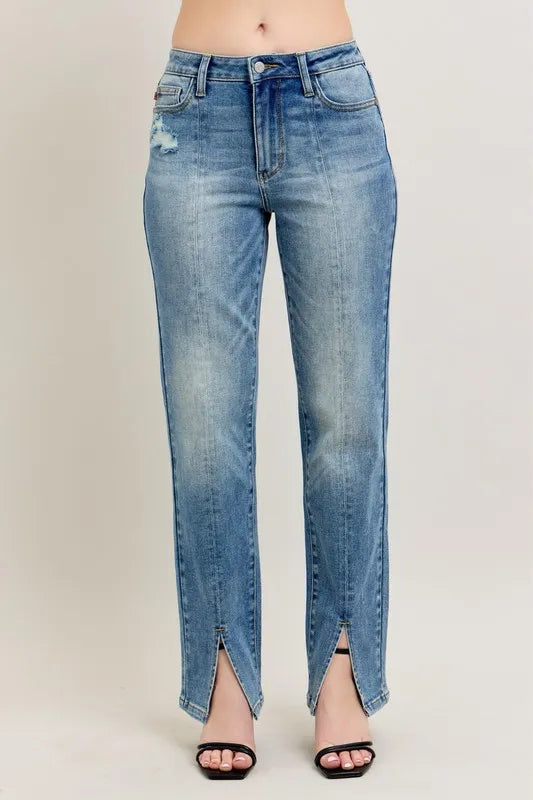 Full Size High Waist Vintage Wash Front Seam & Slit Straight Plus Size