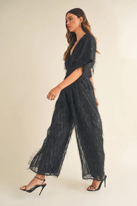 Fluffy Deep V Neck Wide Leg Jumpsuit
