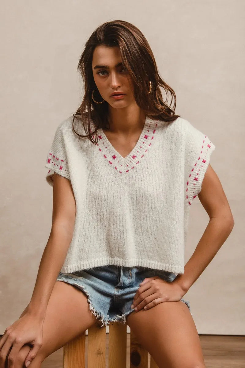 Knit Solid Contrast Stitch Detail Short Sleeves Sweater