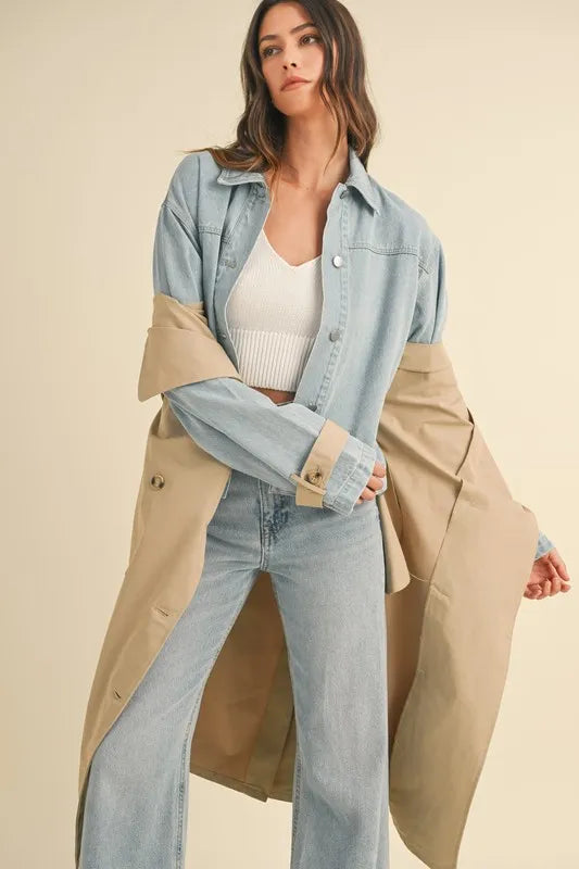 Layered Look Trench Coat With Denim Jacket