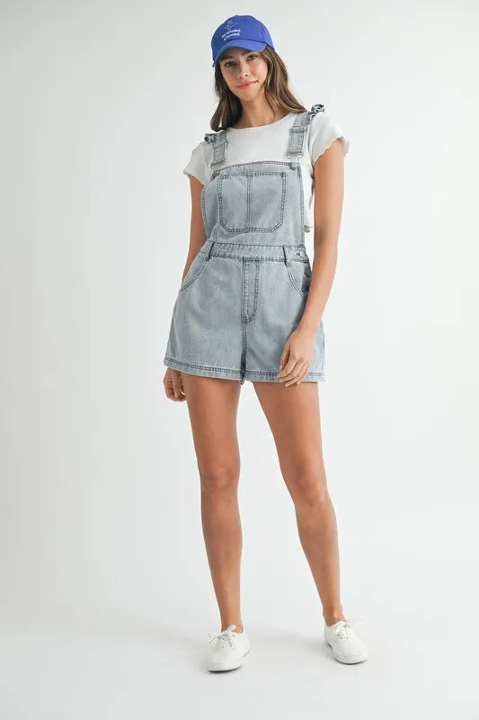 Square Neck Ruffle Shoulder Denim Overall Romper