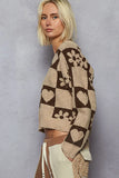 Checkered Heart Motif V-Neck Cropped Sweater