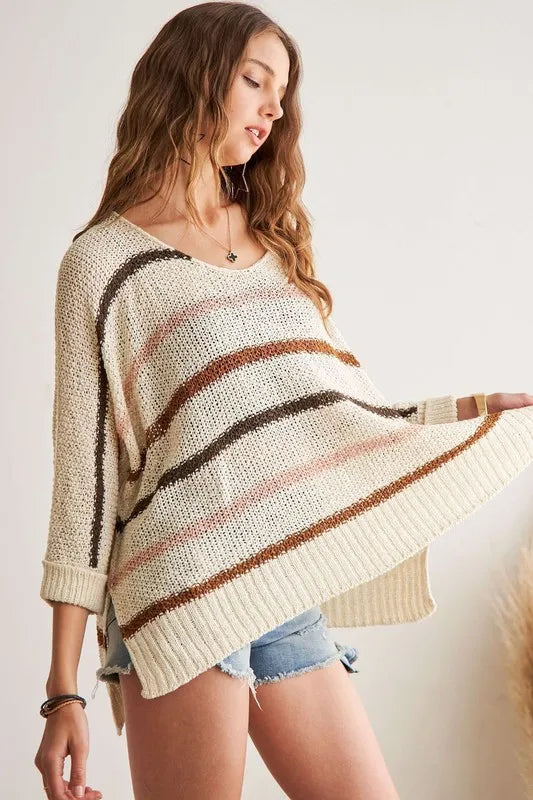 Full Size Multi Color Strip Sweater Plus Size