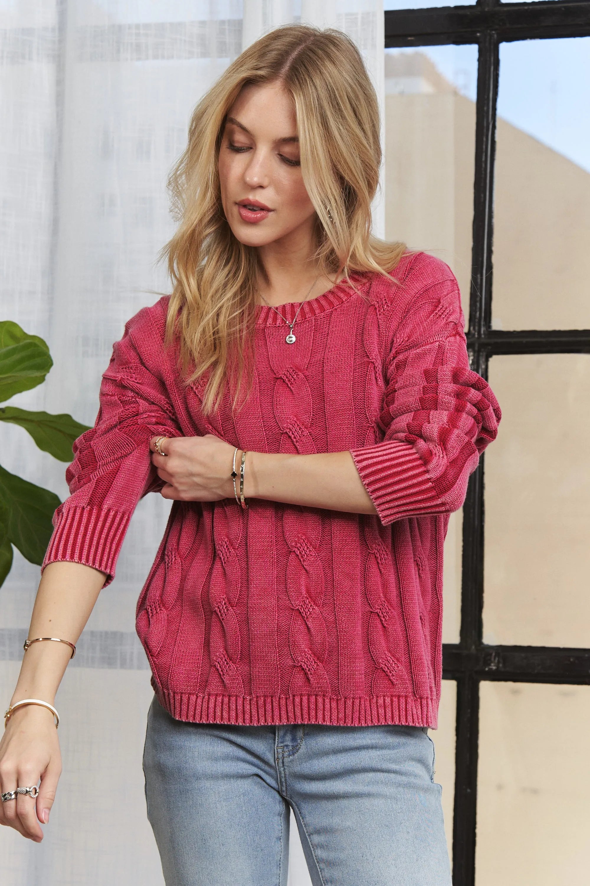 Mineral Washed Cable Knit Sweater Top