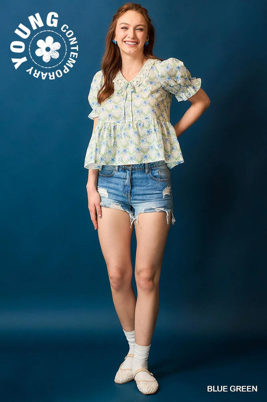 Bow Pattern Lace Trim Ruffle Sleeve Top