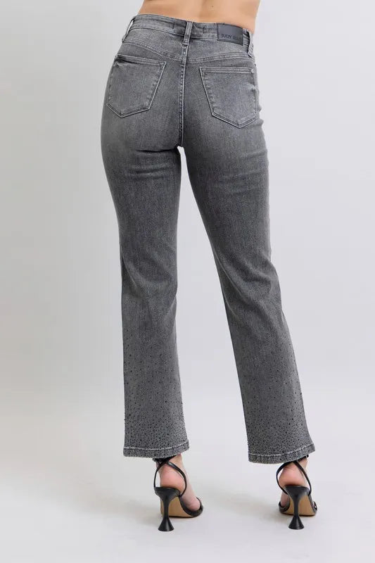 Full Size High Waist Rhinestone Straight Jeans Plus Size