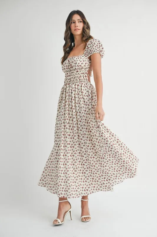 Floral Print Puff Sleeve Gathered Midi Dress