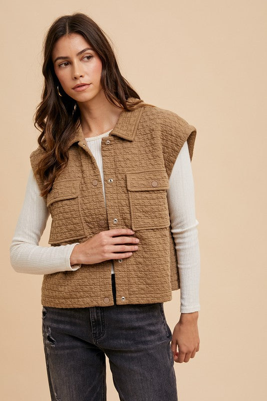 Puzzle Quilted Snap Down Vest Coat