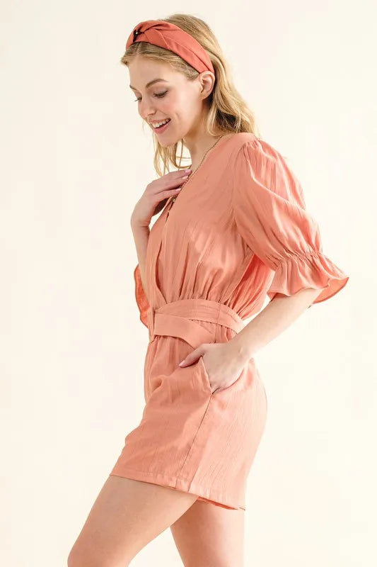 Flounce Sleeves Romper with Belt