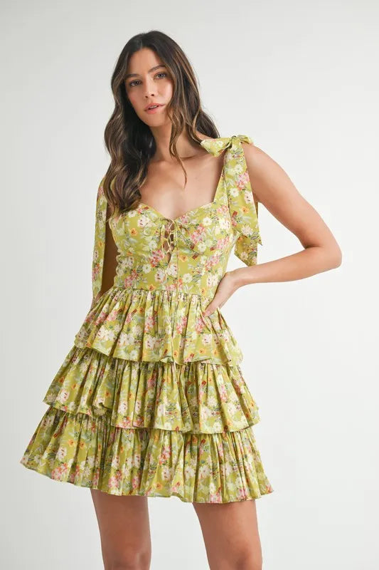 Floral Print Shoulder Tie Layered Mini Dress