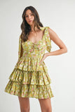 Floral Print Shoulder Tie Layered Mini Dress