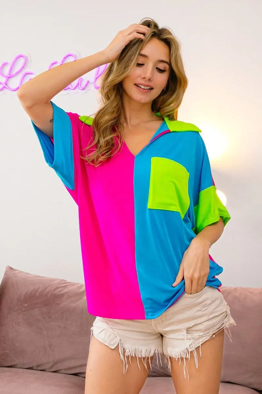 Slinky Knit Color Block V Neck Front Top