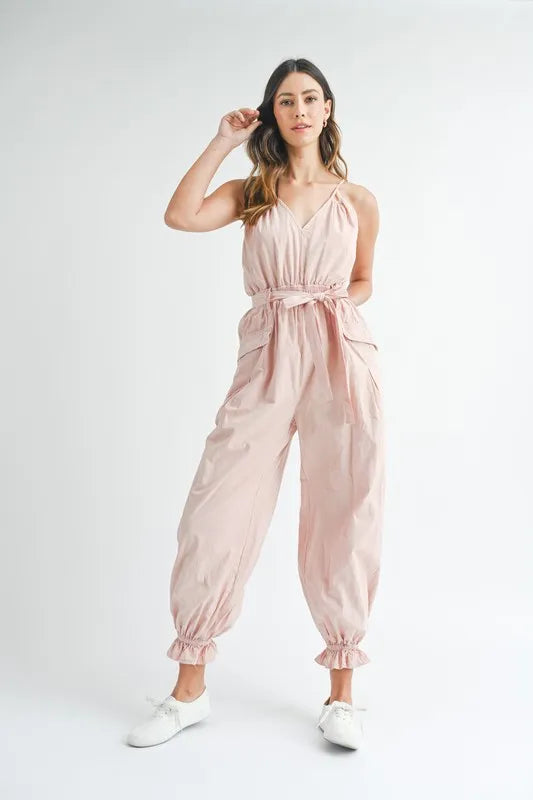 Washed Fabric Spaghetti Strap Waist Belted Jumpsuit