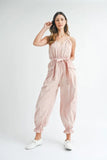 Washed Fabric Spaghetti Strap Waist Belted Jumpsuit