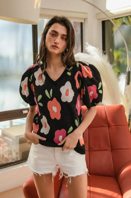 Floral Pattern Puff Sleeves V-Neck Sweater