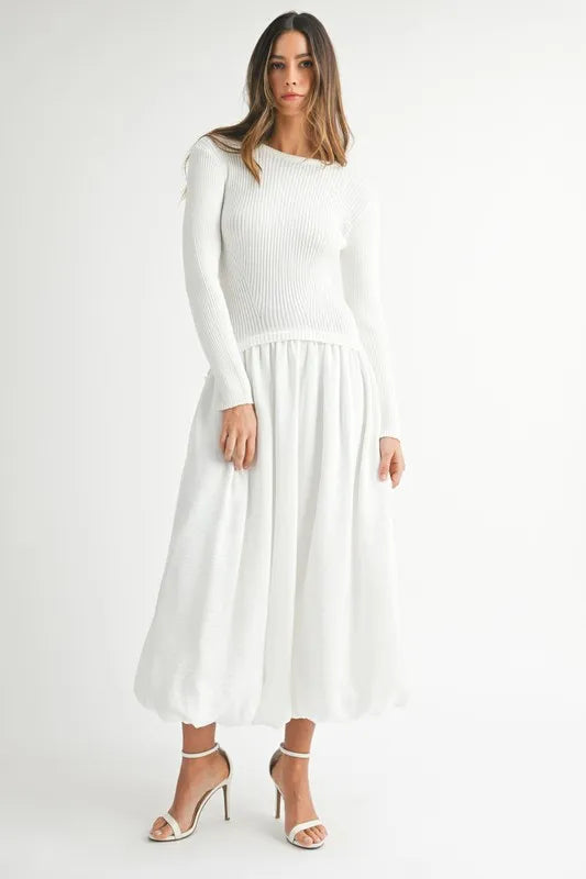 Ribbed Poplin Mix Midi Sweater Dress