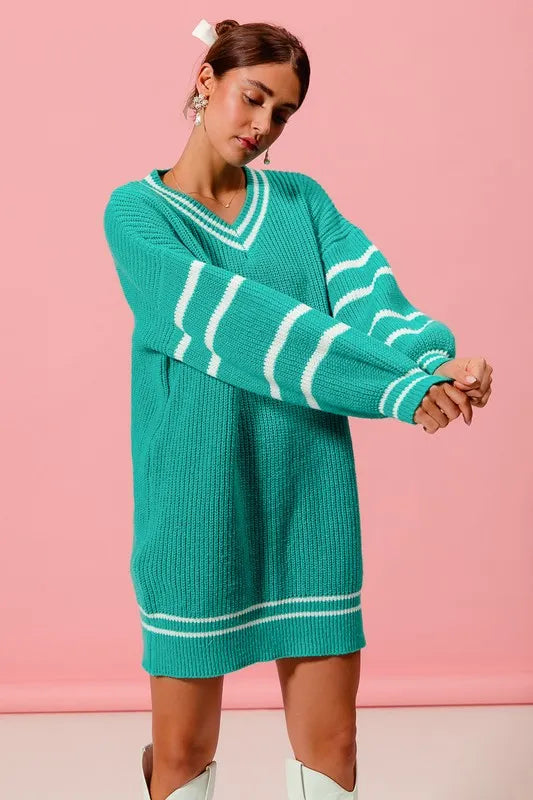 Loose V Neck Sweater Dress with Striped Sleeves