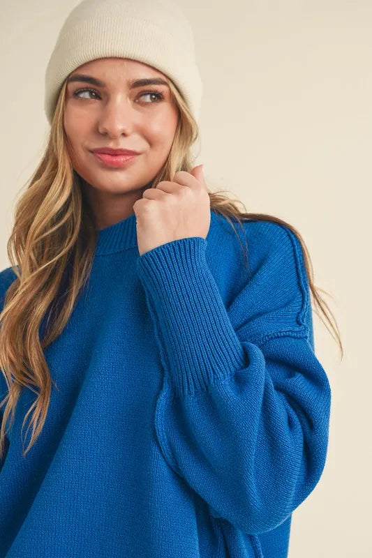 Ribbed Hem Side Slit Round Neck Sweater