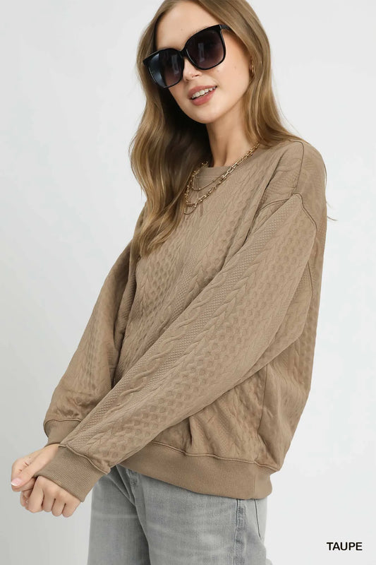 Textured Cable Knit Sweatshirt with Ribbed Trim