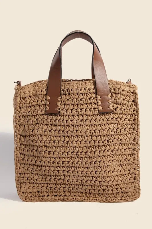 Faux Leather Handle Straw Braided Handbag