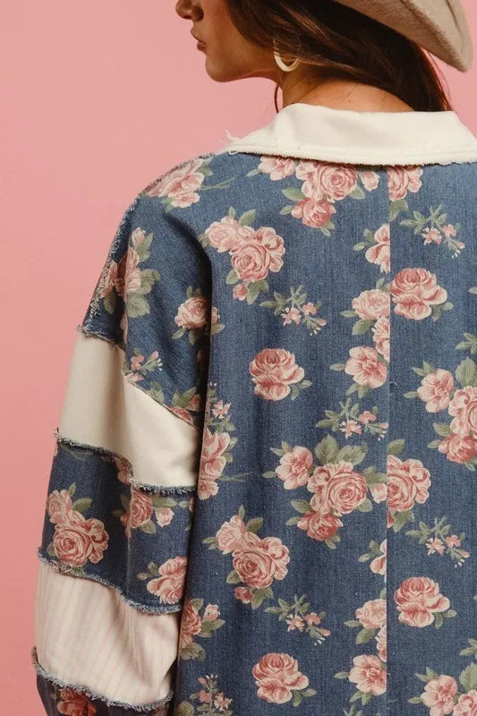 Washed Floral Denim Romper With Contrast Collar