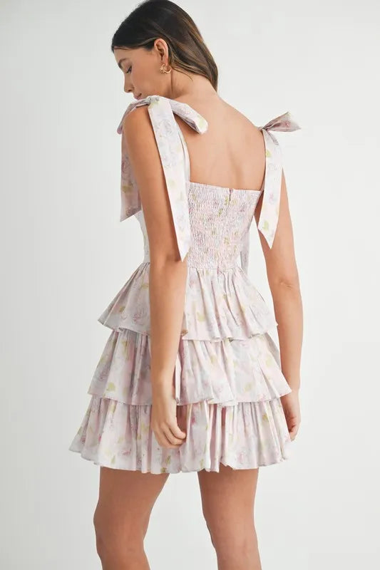 Floral Print Shoulder Tie Layered Mini Dress