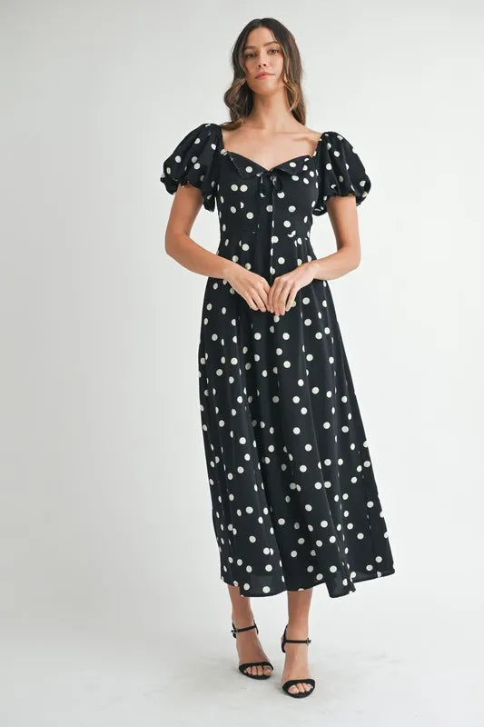 Polka Dot Puff Sleeve Midi Dress