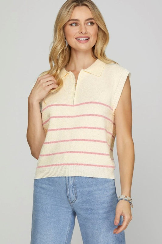 Full Size Ribbed Hem Striped Half Zip Sweater Vest Plus Size