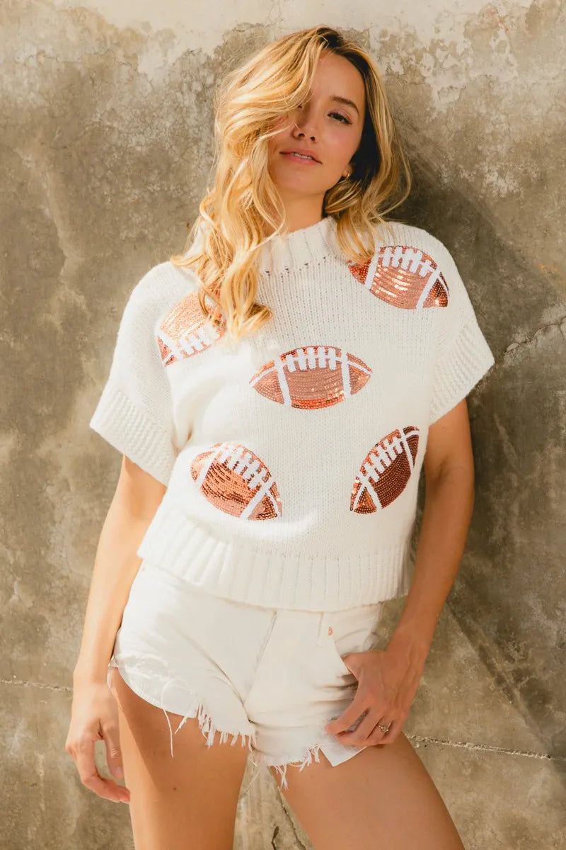 Football Patches Knit Pullover with Sequin Accents
