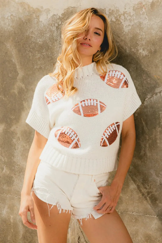 Football Patches Knit Pullover with Sequin Accents
