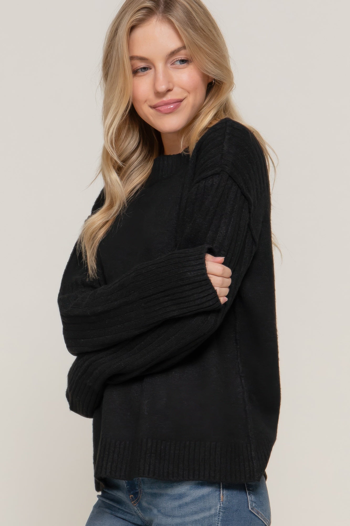 Mock Neck Long Sleeve Seam-Detail Sweater