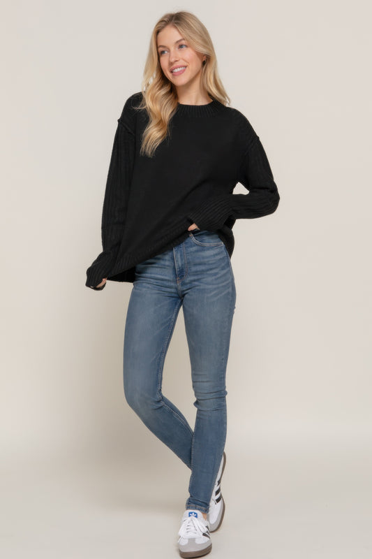 Mock Neck Long Sleeve Seam-Detail Sweater