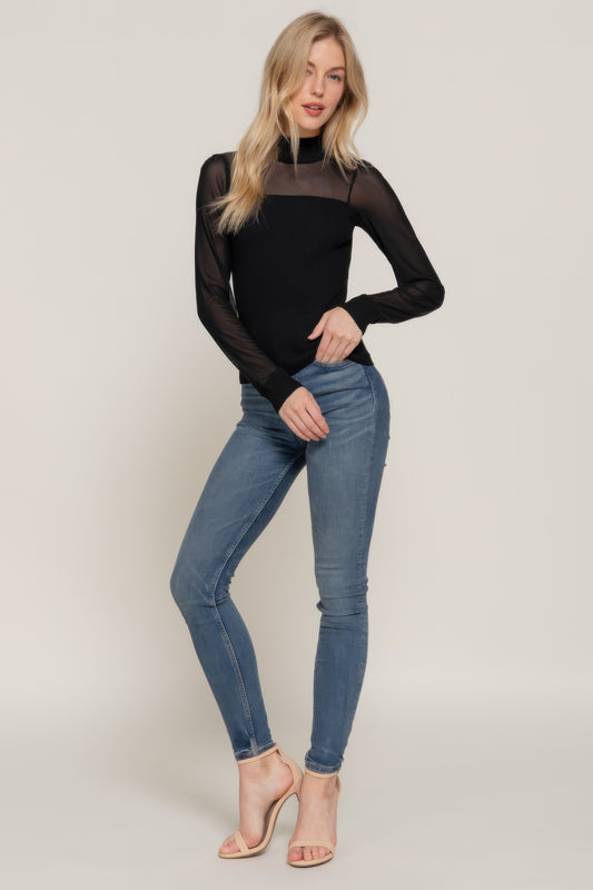 Mesh Panel Detail Long Sleeve Sweater Top