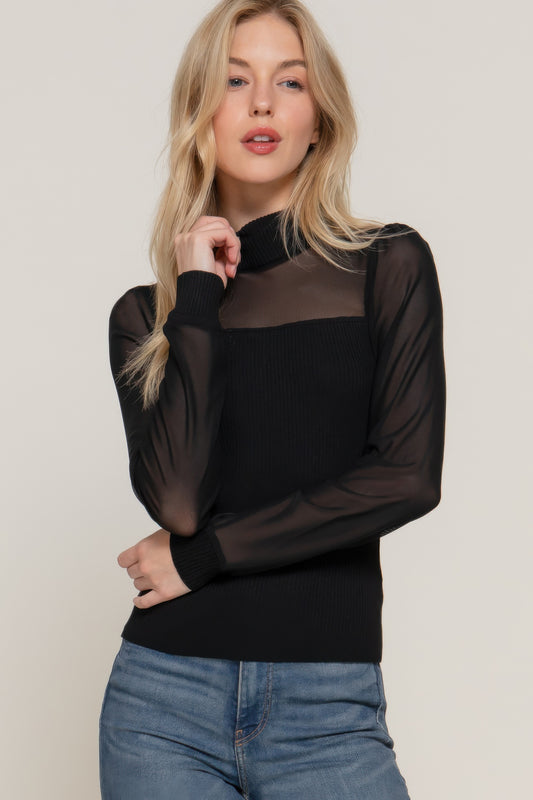 Mesh Panel Detail Long Sleeve Sweater Top