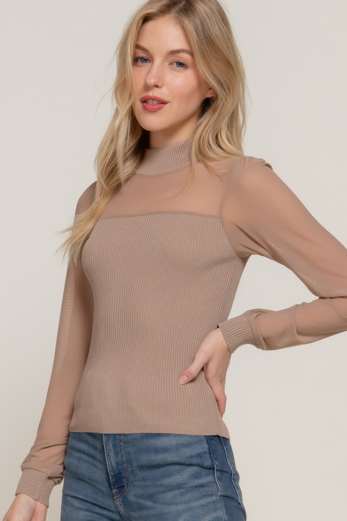 Long Sleeve Mesh Accent Sweater Top